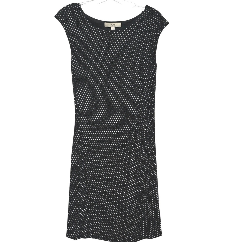 LOFT Sheath Dress Women Black White Geometric Ruche Cap Sleeve Stretch Career  S